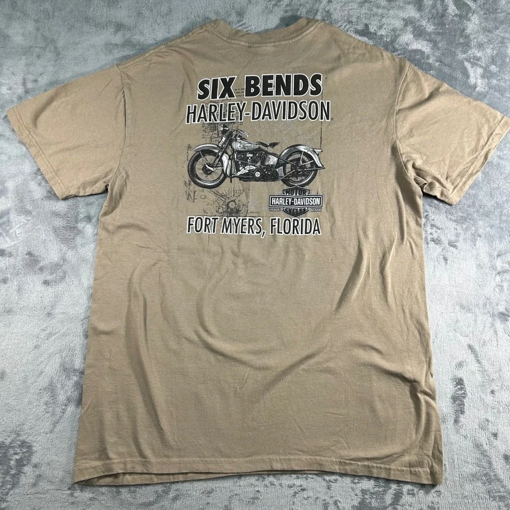 Harley Davidson Mens Graphic T Shirt Pin Up Girl Motorcycle Tan Size L - Picture 7 of 8